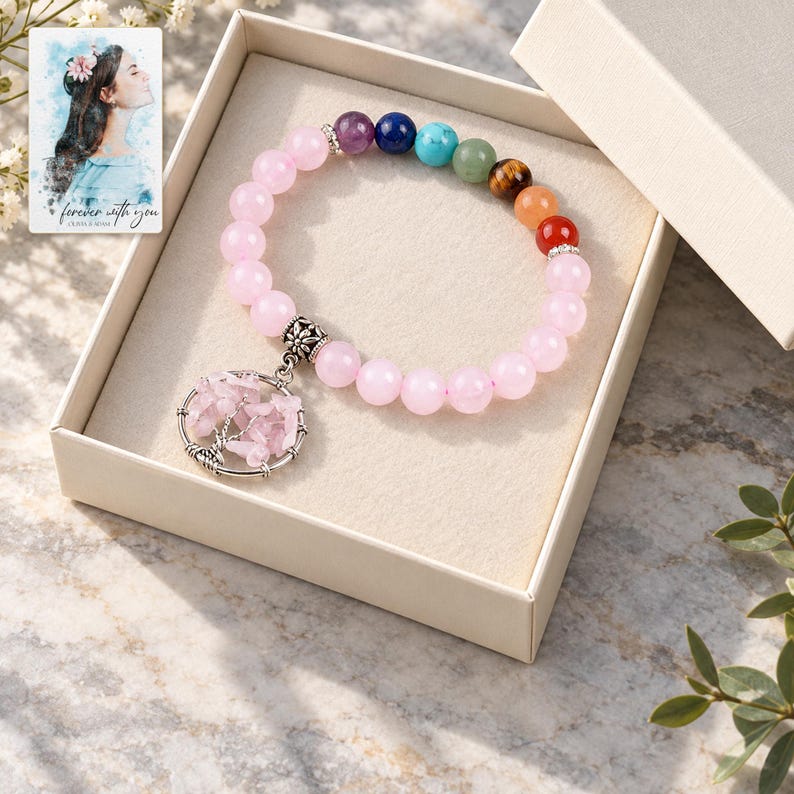Pink Bead Tree Charm Bracelet, displayed in a presentation box. A sample personalized digital greeting card is shown alongside.