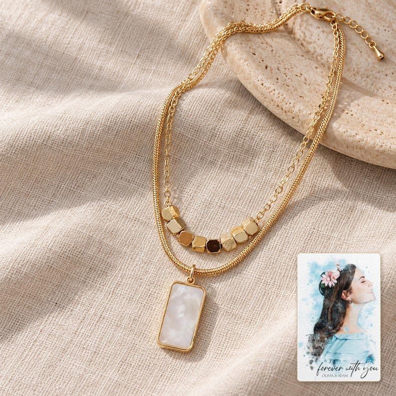 Mother of Pearl Necklace, linen flatlay view. A personalized digital greeting card is shown alongside.