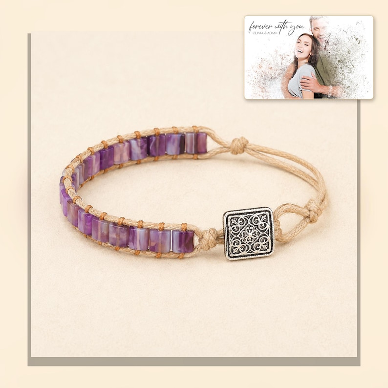 Purple rectangular-bead cord bracelet with a square decorative detail, light-bordered product view. A personalized greeting-card example appears in the corner.