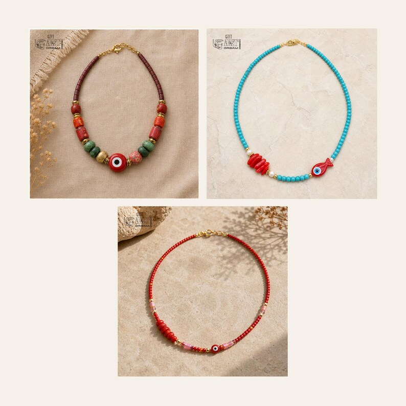 Collar con cuentas de ojo turco rojo, gargantilla bohemia gruesa 3 piece set
