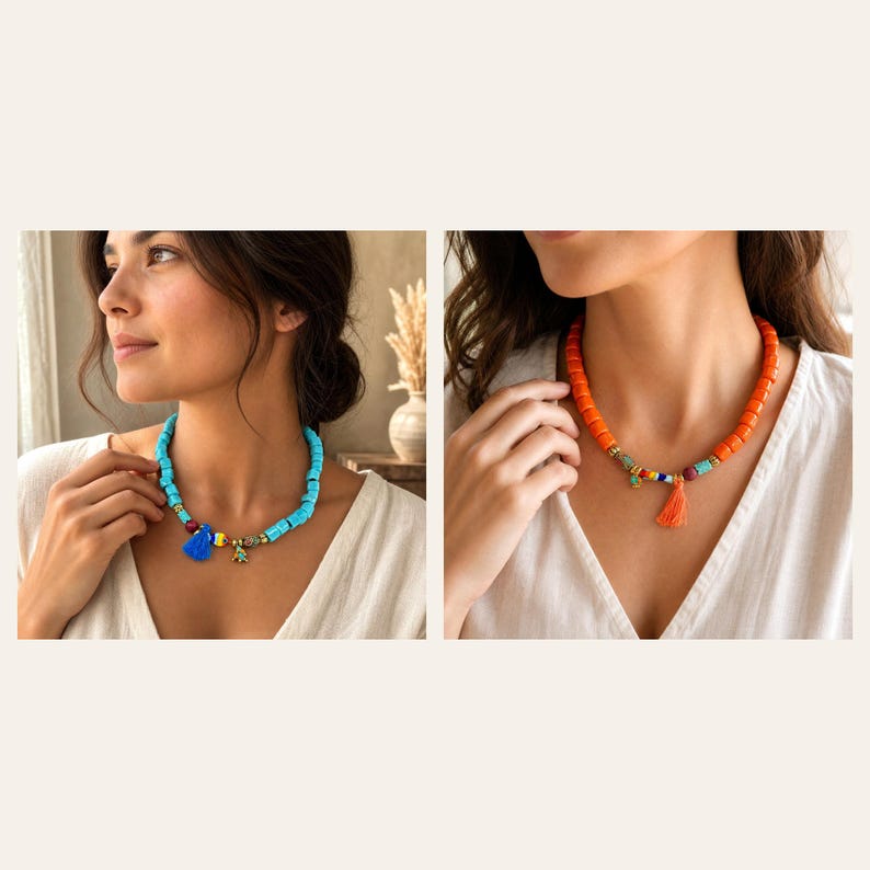 Two piece handmade necklace set with blue silver and orange red statement beaded necklaces displayed together for colorful boho jewelry styling