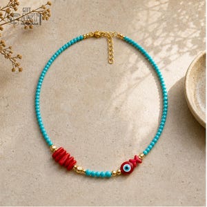 Turquoise and Red Beaded Charm Necklace, Gold Tone Boho Jewelry image 6