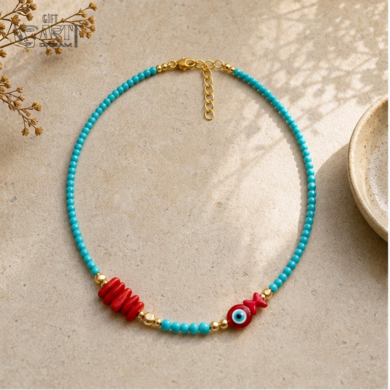 Turquoise and Red Beaded Charm Necklace, Gold Tone Boho Jewelry image 6