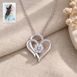 Double Heart Pendant Necklace, laid on fabric. A sample personalized digital greeting card is shown alongside.