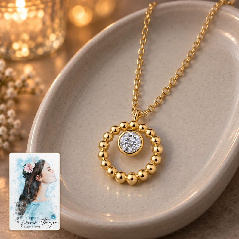 Moissanite Circle Necklace, evening style view. A personalized digital greeting card is shown alongside.