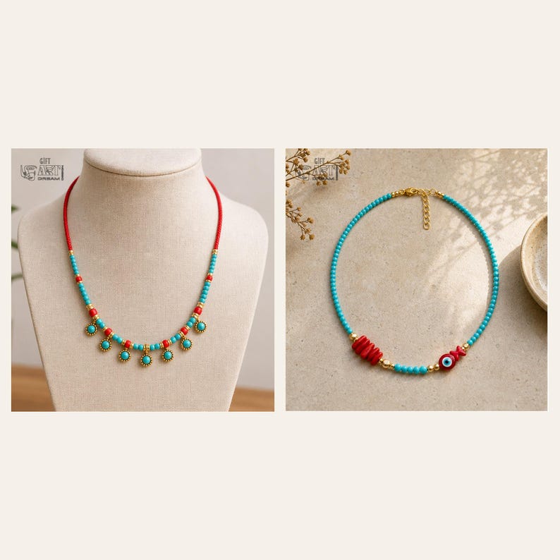 May include: Two necklaces: one on a display bust featuring turquoise and red beads with gold-toned circular charms, and a second necklace laid flat consisting of turquoise beads, a cluster of red beads, and a single circular evil eye charm.