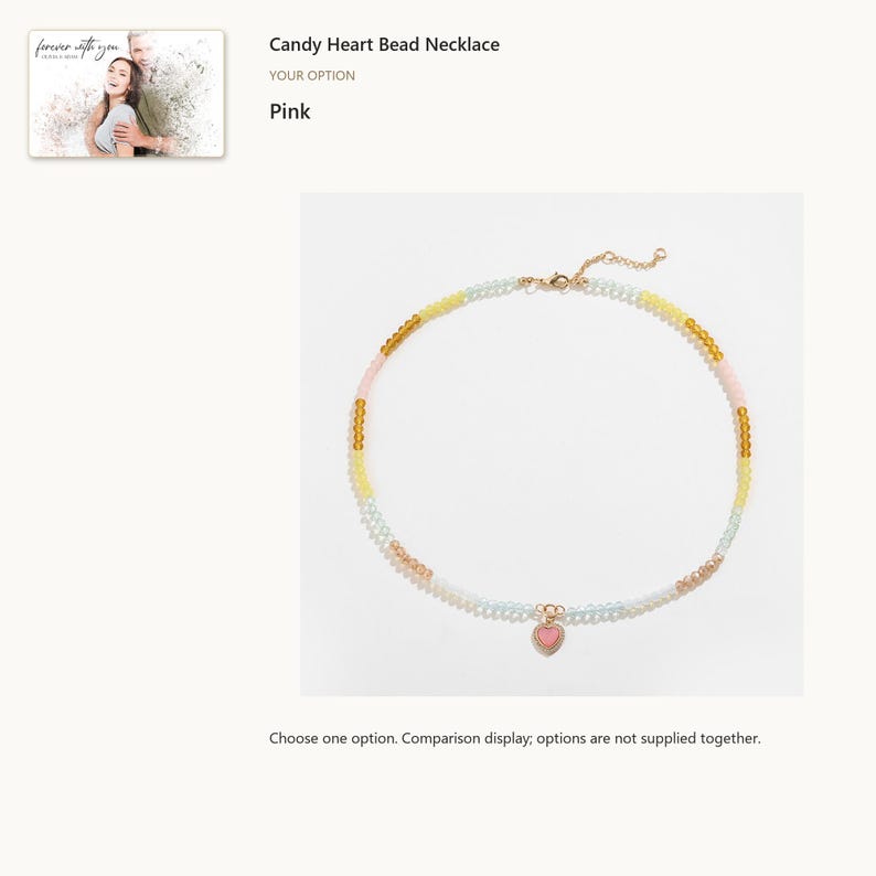 Pink heart. Heart Bead Necklace. A personalized digital greeting card is shown. Select the pictured option when ordering.