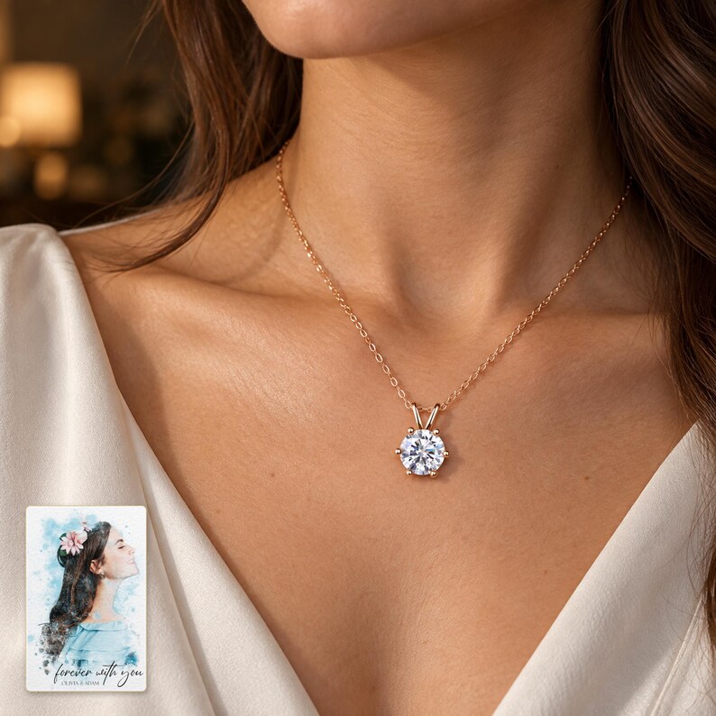 Moissanite Solitaire Necklace, worn with evening clothing. A sample personalized digital greeting card is shown alongside.