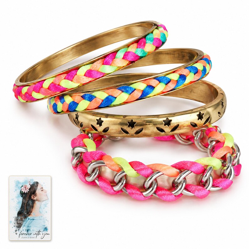 Colorful Woven Bracelet Set, shown against a light background. A sample personalized digital greeting card is shown alongside.