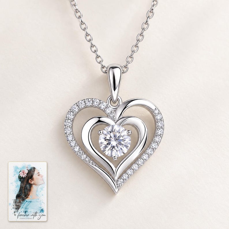 Double Heart Moissanite Necklace, shown against a light background. A sample personalized digital greeting card is shown alongside.