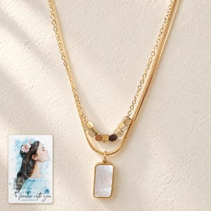 Mother of Pearl Necklace, macro detail view. A personalized digital greeting card is shown alongside.