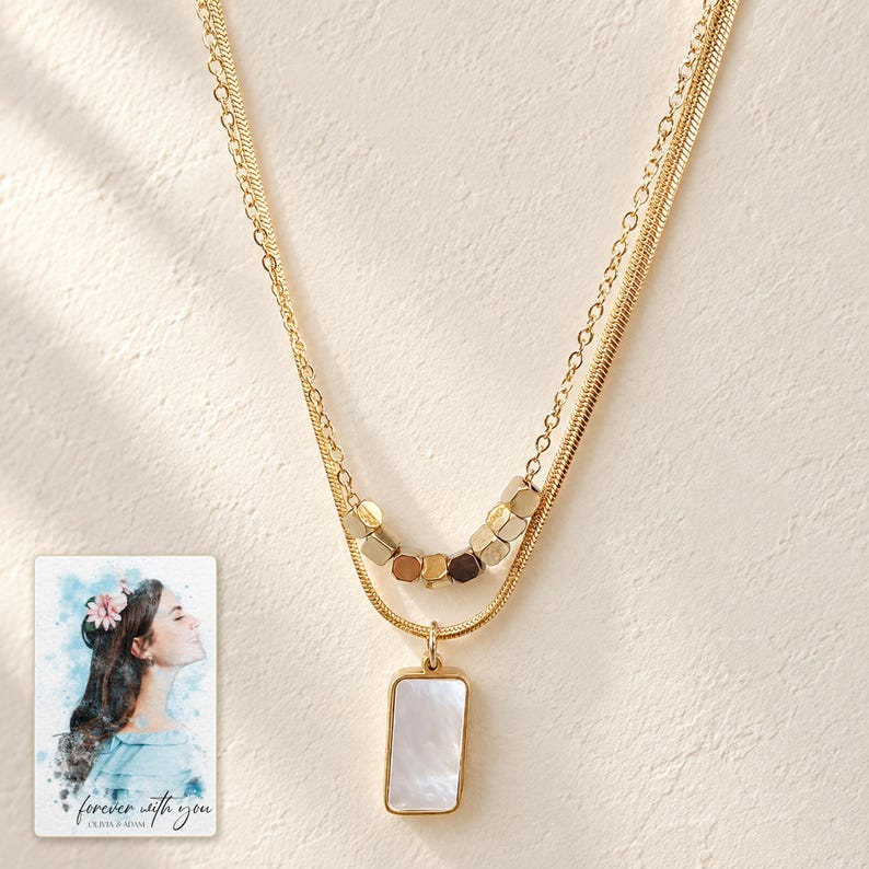 Mother of Pearl Necklace, macro detail view. A personalized digital greeting card is shown alongside.