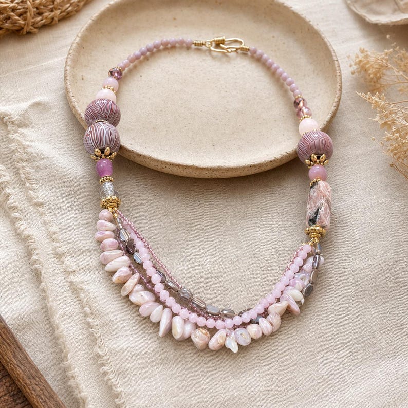 Gift ready presentation of Bronze and Beige Statement Beaded Necklace, Boho Handmade Jewelry, Artisan Gift for Her in an open jewelry box lined with natural ivory linen