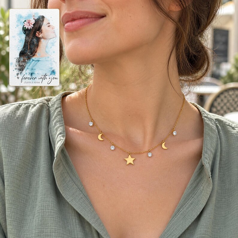 Moon and Star Necklace, worn with daytime clothing. A sample personalized digital greeting card is shown alongside.