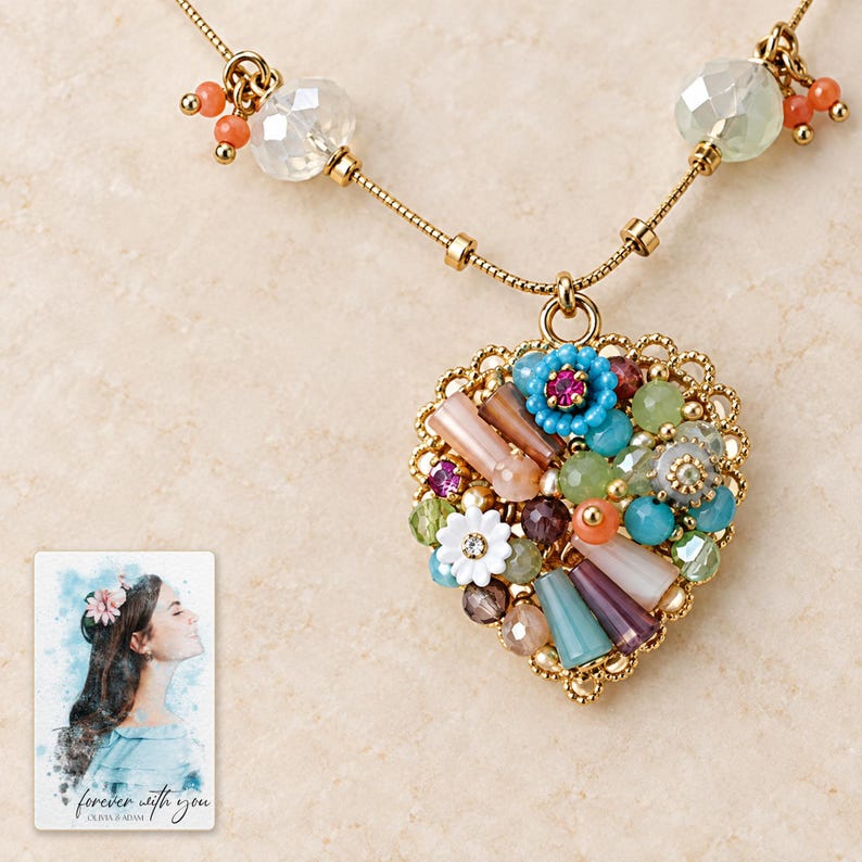 Bohemian Heart Cascade Necklace shown in a close macro view highlighting the visible texture, texture and construction details. A personalized digital greeting card is shown alongside.