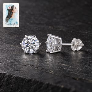 Moissanite Stud Earrings, shown against a dark background. A sample personalized digital greeting card is shown alongside.