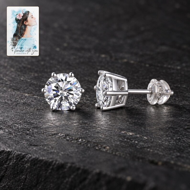 Moissanite Stud Earrings, shown against a dark background. A sample personalized digital greeting card is shown alongside.