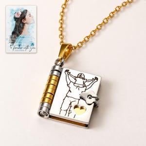 Opening Book Necklace, catalog view. A personalized digital greeting card is shown alongside.