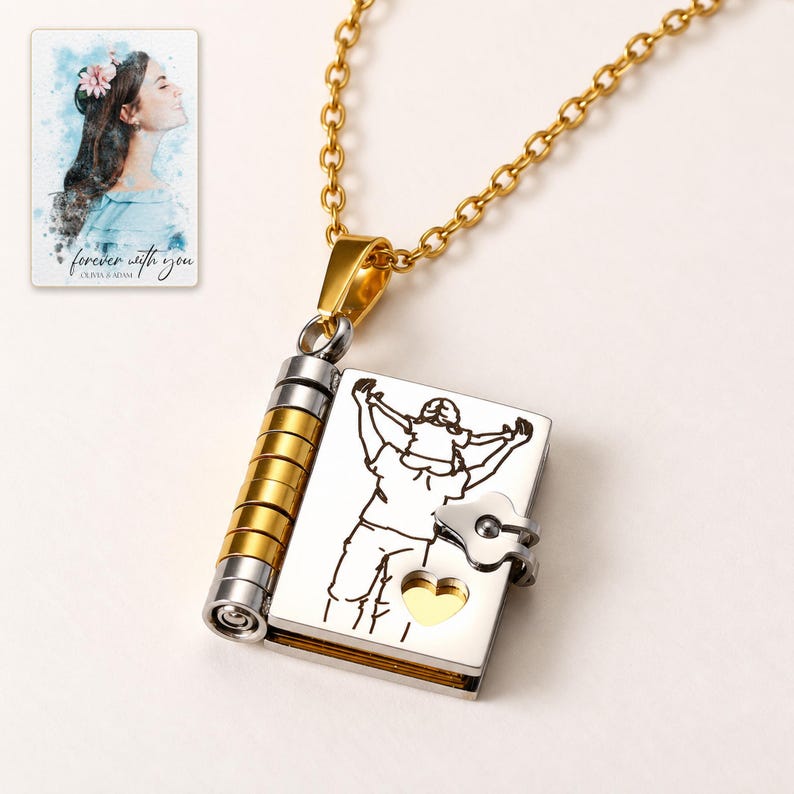 Opening Book Necklace, catalog view. A personalized digital greeting card is shown alongside.
