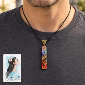 Colorful Bar Pendant Necklace, human lifestyle view. A personalized digital greeting card is shown alongside.
