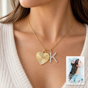K Initial Heart Necklace, worn lifestyle view. A personalized digital greeting card is shown alongside.