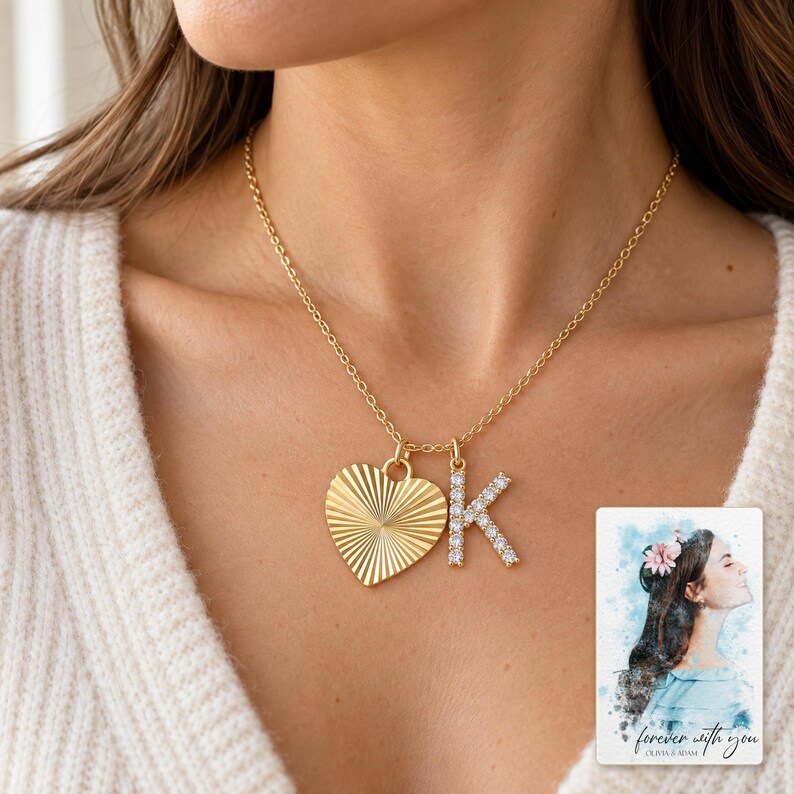 K Initial Heart Necklace, worn lifestyle view. A personalized digital greeting card is shown alongside.