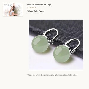 Silver Tone. Artificial Hetian Jade Clip-On Earrings. A personalized digital greeting card is shown. Select the pictured option when ordering.