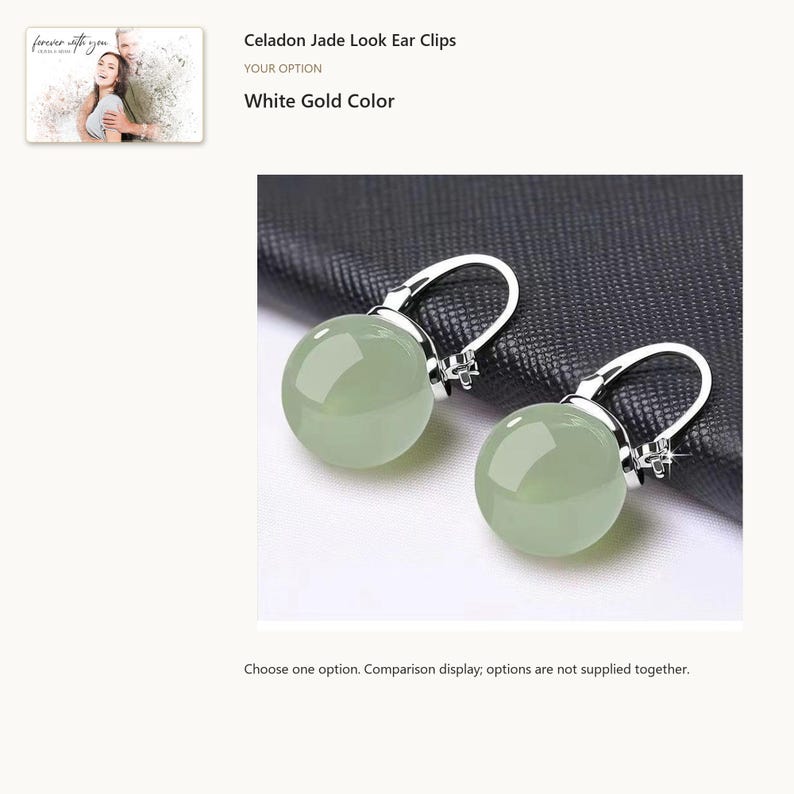 Silver Tone. Artificial Hetian Jade Clip-On Earrings. A personalized digital greeting card is shown. Select the pictured option when ordering.
