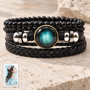 Zodiac Sign Bracelet, shown on a display surface. A sample personalized digital greeting card is shown alongside.