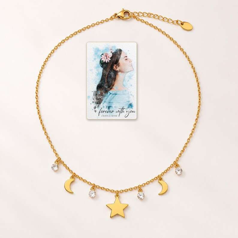 Moon and Star Necklace, shown against a light background. A sample personalized digital greeting card is shown alongside.