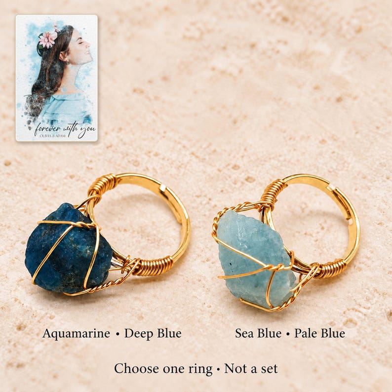 Blue Wire Wrapped Ring, variation comparison view. A personalized digital greeting card is shown alongside.