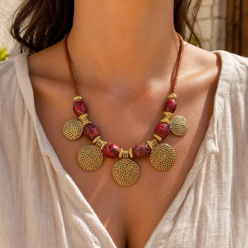 May include: A necklace featuring a brown cord, interspersed with textured red beads and gold-toned metal spacers. Five circular gold-toned pendants with a perforated, honeycomb-like pattern hang from the center, creating a layered, symmetrical design.
