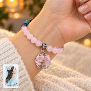 Pink Bead Tree Charm Bracelet, worn with evening clothing. A sample personalized digital greeting card is shown alongside.