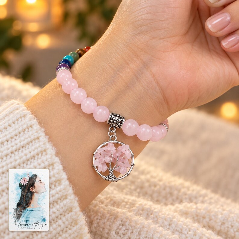 Pink Bead Tree Charm Bracelet, worn with evening clothing. A sample personalized digital greeting card is shown alongside.