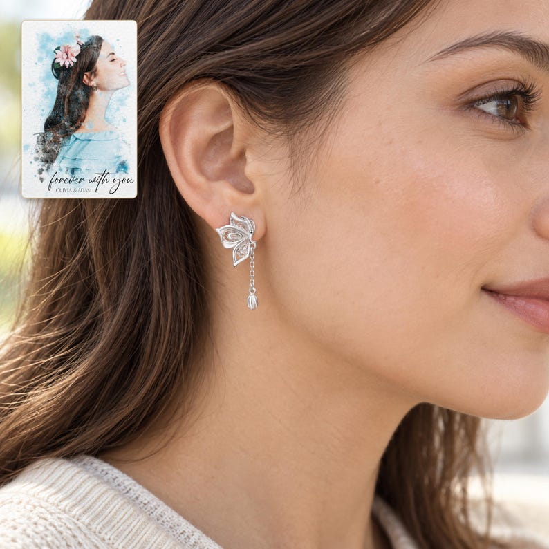 Butterfly Drop Earrings, worn by an adult. A sample personalized digital greeting card is shown alongside.