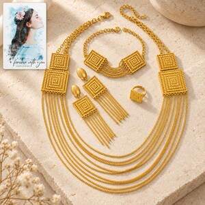 Golden Tassel Jewelry Suite shown in a close macro view highlighting the visible texture, texture and construction details. A personalized digital greeting card is shown alongside.