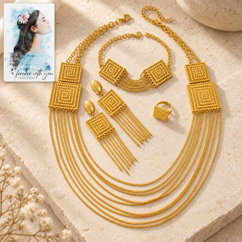 Golden Tassel Jewelry Suite shown in a close macro view highlighting the visible texture, texture and construction details. A personalized digital greeting card is shown alongside.
