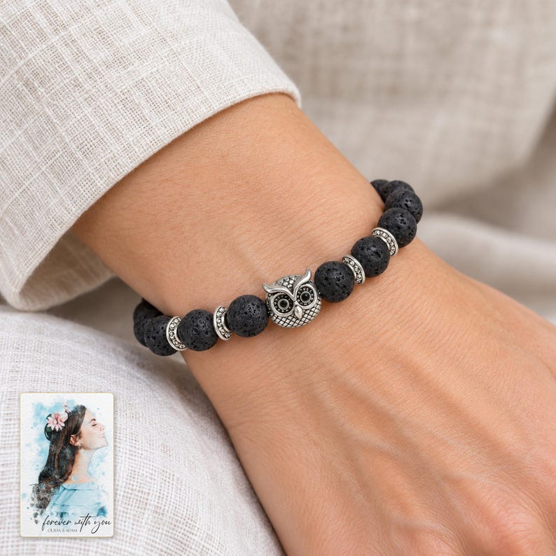 Black Lava Bead Bracelet, worn by an adult. A sample personalized digital greeting card is shown alongside.