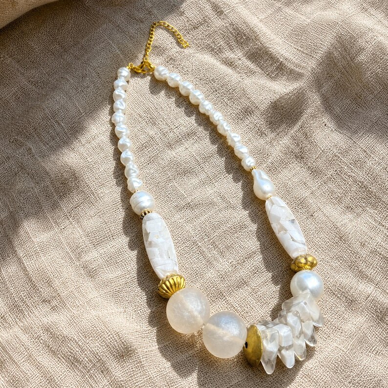 Gift ready presentation of Beige and Silver Statement Beaded Necklace, Boho Handmade Jewelry, Artisan Gift for Her in an open jewelry box lined with natural ivory linen