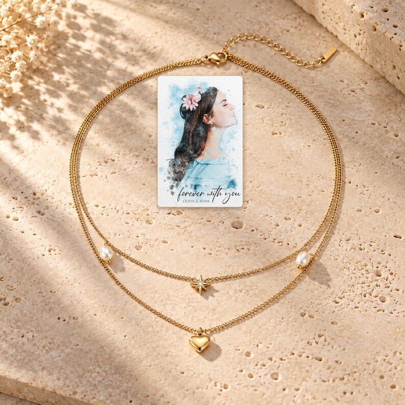 Layered Heart Necklace, shown in natural light. A sample personalized digital greeting card is shown alongside.