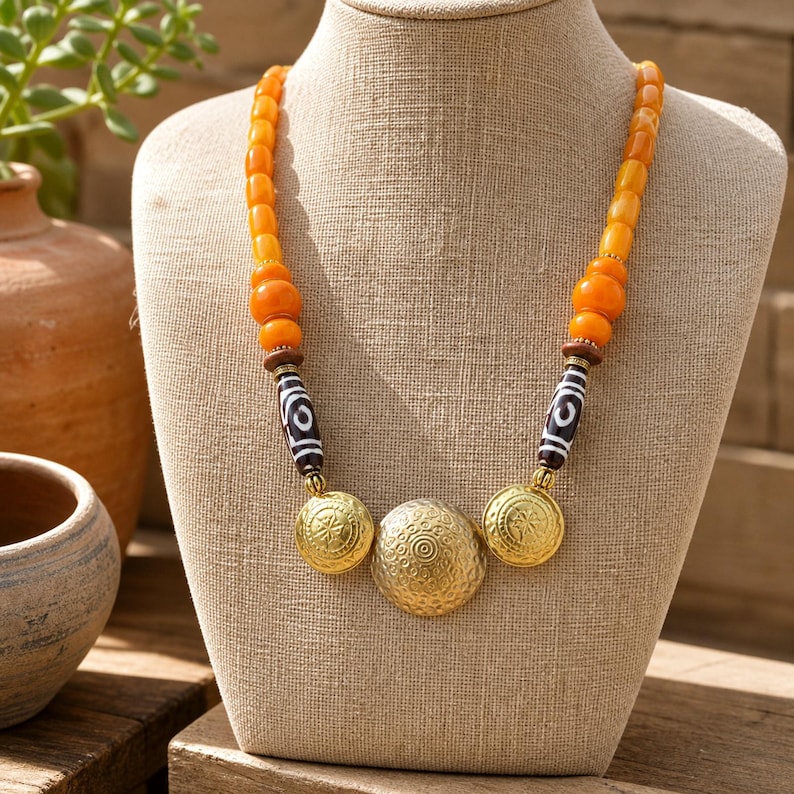 Orange and Brown Statement Beaded Necklace shown individually as a coordinating option for the mix and match necklace set