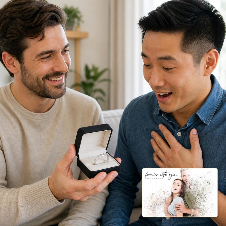 May include: A silver ring inside a black rectangular jewelry box with a white interior. Next to the box is a rectangular card featuring a printed photograph of a couple with the text "forever with you" and "OLIVIA & ADAM" in black script.