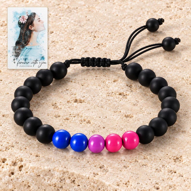 Black Bead Bracelet, hero view. A personalized digital greeting card is shown alongside.