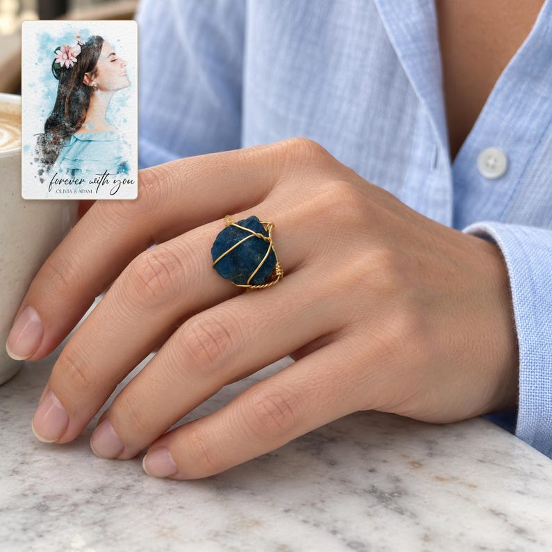Blue Wire Wrapped Ring, human lifestyle view. A personalized digital greeting card is shown alongside.