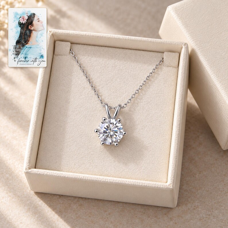 Moissanite Solitaire Necklace, displayed in a presentation box. A sample personalized digital greeting card is shown alongside.