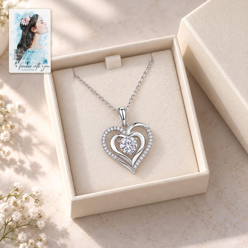 Double Heart Moissanite Necklace, displayed in a presentation box. A sample personalized digital greeting card is shown alongside.