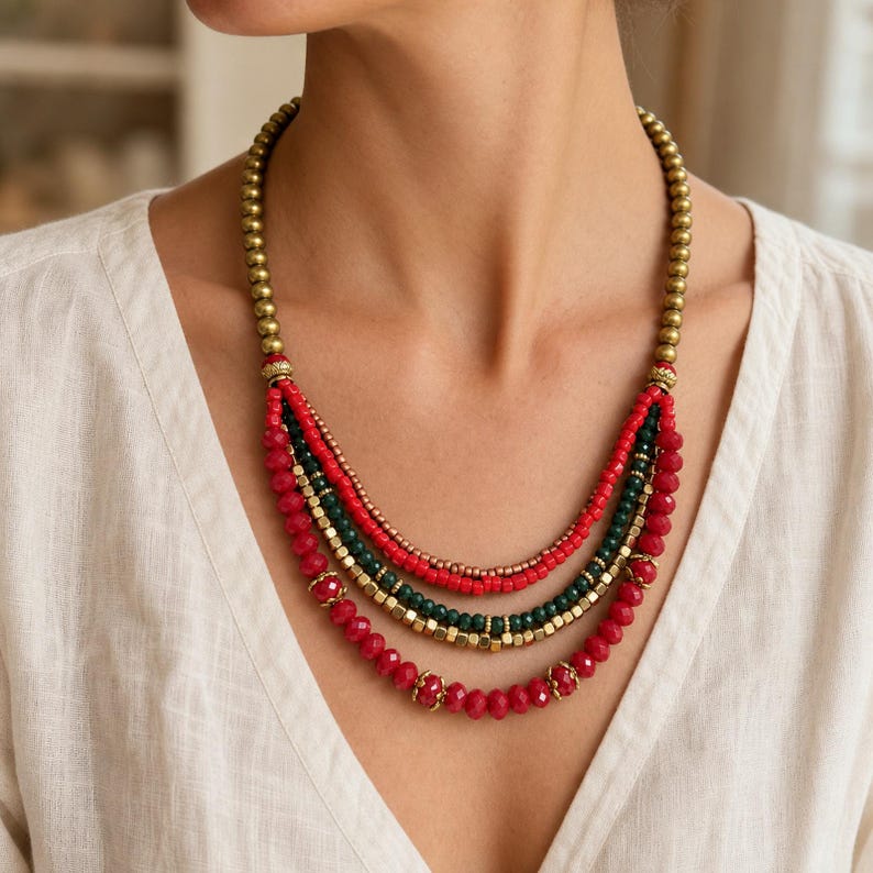 May include: A multi-strand necklace featuring layers of red, dark green, and metallic gold beads. The design includes smooth round gold beads at the top, transitioning into faceted red and green beads, interspersed with small square gold-toned spacers.