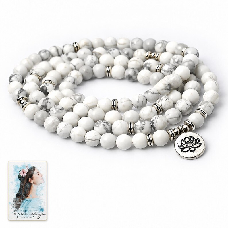 White Bead Wrap Bracelet, close-up of the details. A sample personalized digital greeting card is shown alongside.