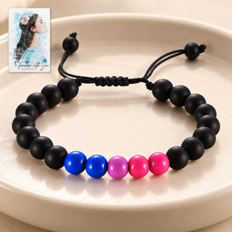 Black Bead Bracelet, macro detail view. A personalized digital greeting card is shown alongside.