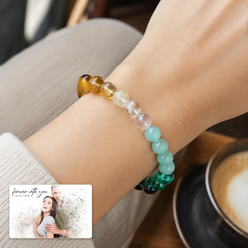 Aqua, yellow, black and green round bead bracelet, design B, shown with an optional personalized digital greeting card.